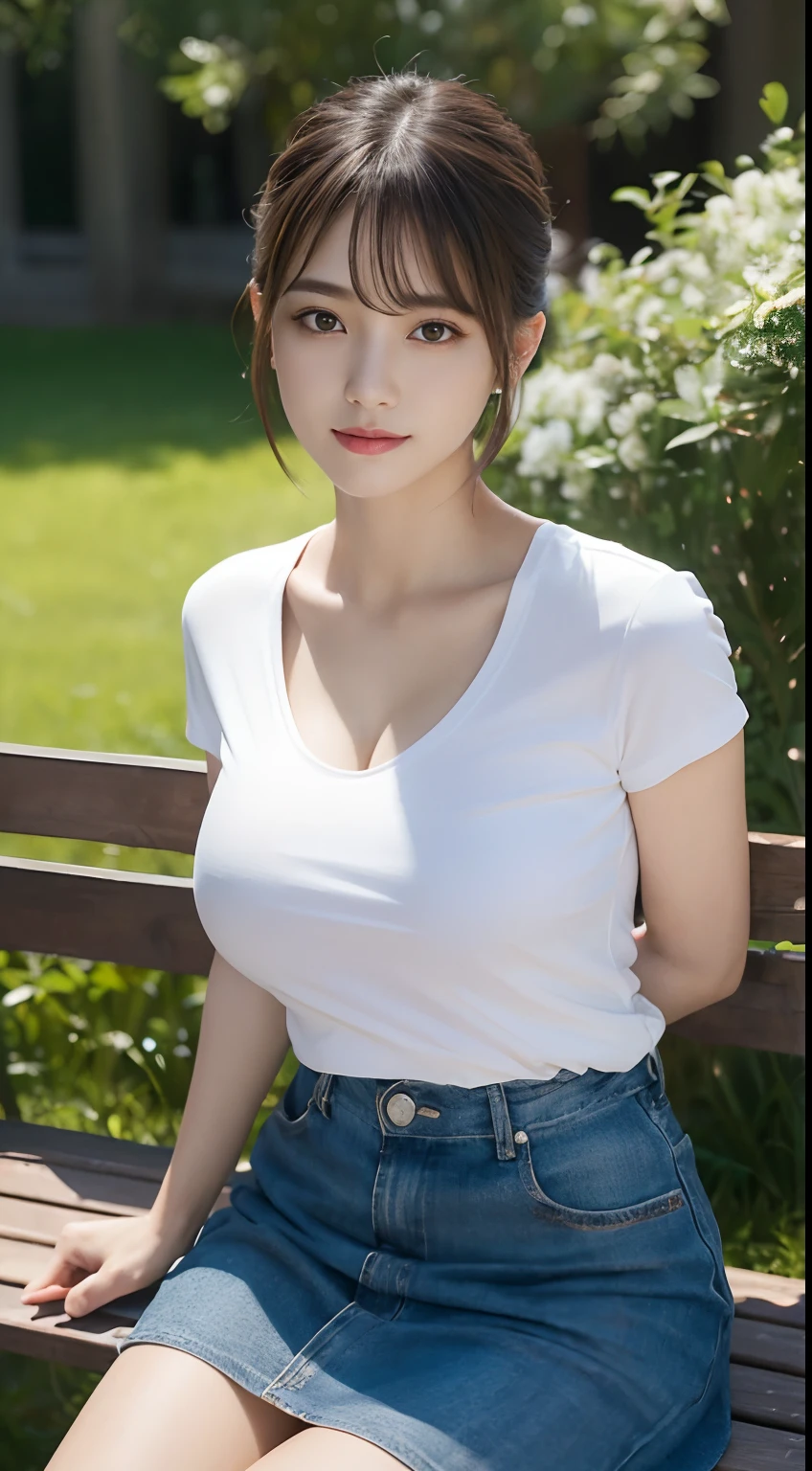 Innocent 20 year old girl、((skirt by the, white t-shirts,Dramatic poses)),Smile,short-cut,Big breasts 1.5、Park background、Raw photo, (8K、top-quality、​masterpiece:1.2)、(intricate detailes:1.4)、(Photorealsitic:1.4)、octane renderings、Complex 3D rendering ultra detail, Studio Soft Light, Rim Lights, vibrant detail, super detailing, realistic skin textures, Detail Face, Beautiful detail eyes, Very detailed CG Unity 16k wallpaper, make - up, (detailedbackground:1.2), shinny skin, Full body、From head to thigh、cleavage of the breast,((sit on a bench))