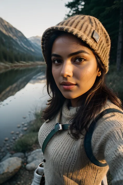 Amala Paul ((upper body selfie, happy)), masterpiece, best quality, ultra-detailed,  solo, outdoors, (night), mountains, nature, (stars, moon)   cheerful, happy, backpack, sleeping bag, camping stove, water bottle, mountain boots, gloves, sweater, hat, fla...