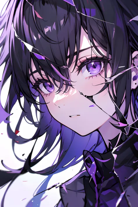 homura akemi, niji - glass_crack_effects, black hair purple eyes, closeup,4k,absurdres, masterpiece,
