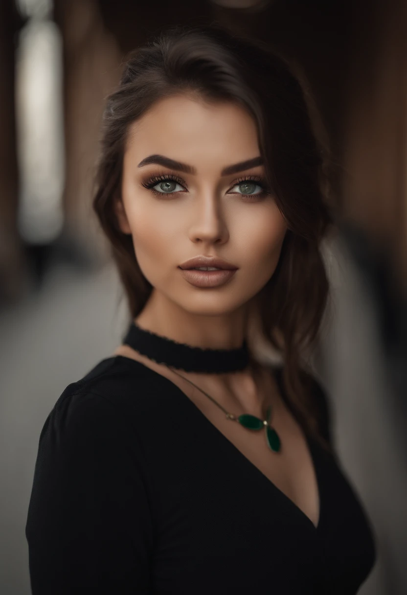 Oriental women，choker necklace, Sexy girl with green eyes, portrait sophie mudd, brown hair and large eyes, selfie of a young woman, Chamber eye, Violet Myers, Make-up-free, natural makeup, staring right into camera, face with artgram, Subtle makeup, Great full body photo, Piercing green eyes, beautiful angle, Attractive posing, garota fofa, Sexy pose, Full body image, full bodyesbian, full body shot of, black haired goddess, High detail, satisfied pose, Wear a gray skirt and boots, a skirt, boots