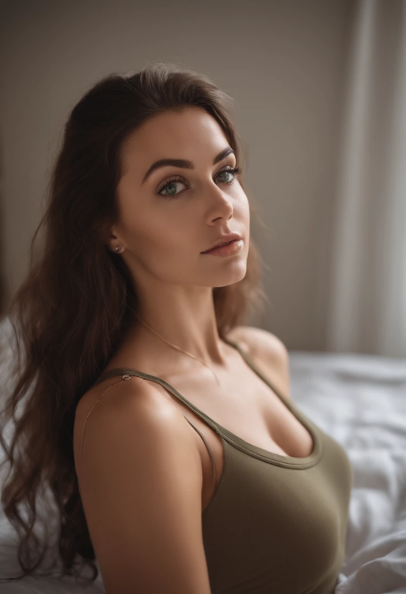 arafed woman with a white tank top and a necklace, sexy girl with green eyes, big boobies, portrait sophie mudd, brown hair and large eyes, selfie of a young woman, bedroom eyes, violet myers, without makeup, natural makeup, looking directly at the camera, face with artgram, subtle makeup, stunning full body shot, piercing green eyes