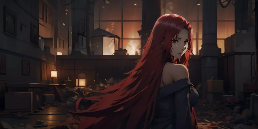 irismidgarv4, (red hair, long hair:1.7), red eyes, 1girl, solo, bare_shoulders, outdoors, off_shoulder, looking_at_viewer, pierc...