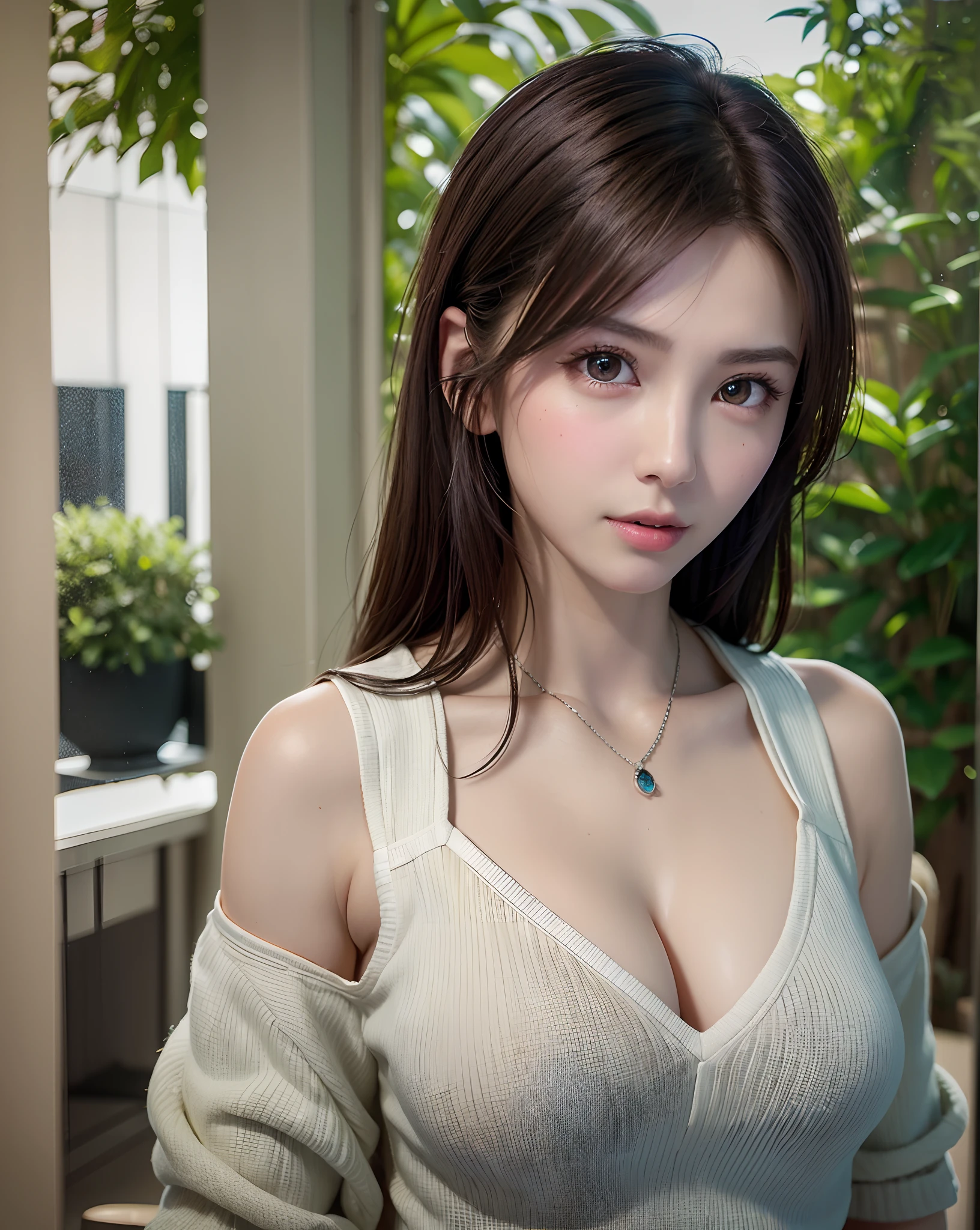 (in 8K, top-quality, ​masterpiece:1.2), (realisitic, Photorealsitic:1.37), ultra-detailliert, Natural sunlight, mideum breasts, I can see the cleavage, 1 persons, 25 year old woman, Dark hair, Pendants, Torn shorts, Light Knit V-Neck Shirt, At the time of performance, extremely detailed face and skin, A detailed eye, extremely detailed face and skin