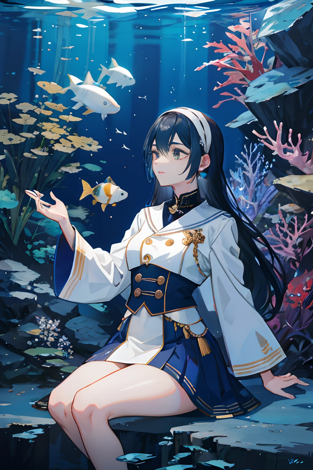 （Riko Amanay）、A dark-haired、Plain clothe、very intricate, Vivid and detailed marine life、aquariums、Admire from outside the giant tank