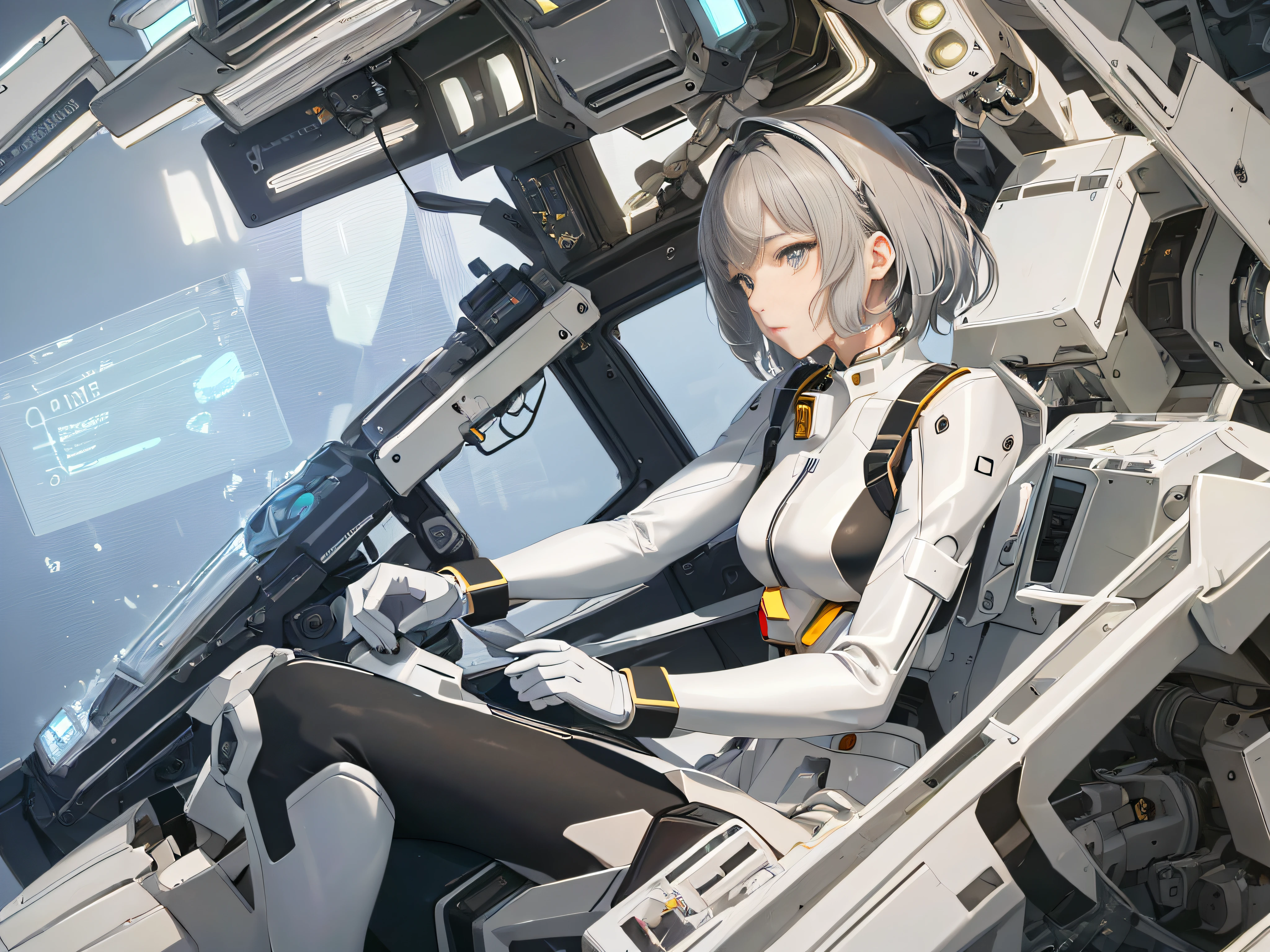 (((nur eine Person))), (((nur ein Gesicht))), Im Cockpit, Präzisionsgeräte, eine schöne Frau in einem Gundam-Pilotenanzug sitzt im Cockpit, Filmszene, 8K-Qualität, (((ganzer Körper))), (Meisterwerk), realistisch, junge und süße Anime-Frau, schönes Gesicht, Sonnenschein, filmisches Licht, eine schöne Frau, Schöne dunkle Augen, schwarzes Haar, Kurzes Haar , Perfekte Anatomie, So süß, Prinzessinnenaugen, (schwarze Augen), Zwischenbild, Stil, Biolumineszenz, Lebensgröße 8 Größen, 8K-Auflösung, Menschliche Hand, seltsame Perfektion, elegant, beinahe perfekt, Dynamisch, Sehr detaillierte Charakterbögen, Konzeptkunst, reibungslose Platzierung, atemberaubend schöne Mädchen der 20er Jahre, detailed hairStils, (((Entschlossene, würdevolle Augen))), (((Viele Instrumente strahlen vor dem Mädchen ein schwaches Licht aus)))