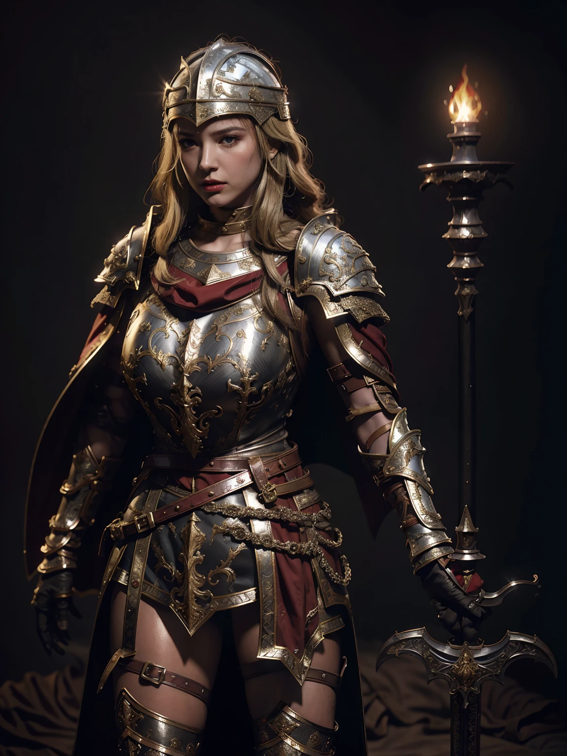1girl, solo, female roman warrior with red helmet and cape, long black hair, angry, extremely beautiful girl, subtle makeup, silver hour, photorealistic, high contrast, 8k HD, detailed, hyper-detailed, realistic skin texture, blonde hair, huge chest, neckline, best quality, ultra high res, raw photo, dramatic lighting, unreal engine, intricate diffuse glow and silver tab, black cape, battlefield,  Standing