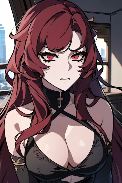 The World After The Fall((masterpiece)), ((ultra-detailed)), ((best quality)), ((intricate details)), ((chromatic aberration)), 1girl, long hair, shy, ((very small breasts)), makeup, black eyeliner, (expressionless, ), looking at viewer,red hair, red eyes,...
