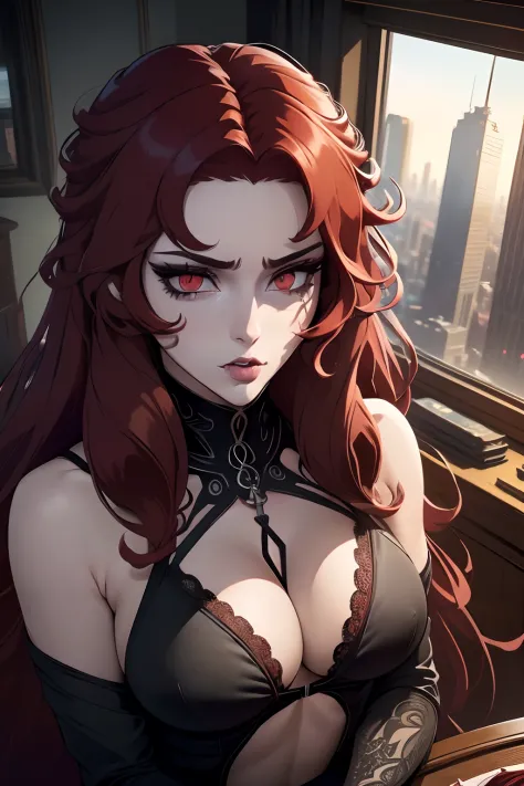 The World After The Fall((masterpiece)), ((ultra-detailed)), ((best quality)), ((intricate details)), ((chromatic aberration)), 1girl, long hair, shy, ((very small breasts)), makeup, black eyeliner, (expressionless, ), looking at viewer,red hair, red eyes,...