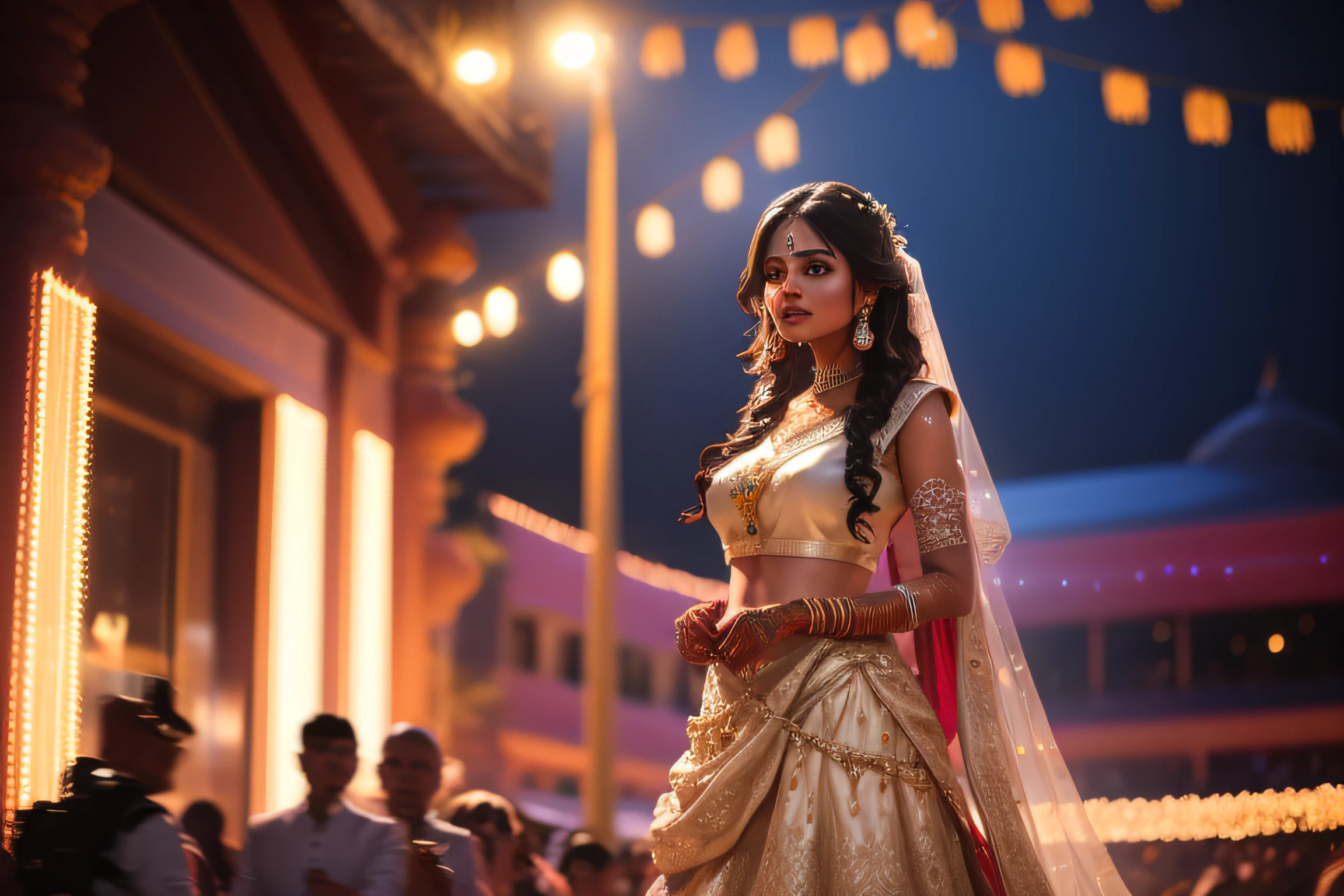 Indian bride, young, attractive, wedding costume, bokeh shot, dramatic lighting, event photography, colorful vibrant image, detailed picture, high resolution, ultra high resolution, cinematic picture, crowd in the background