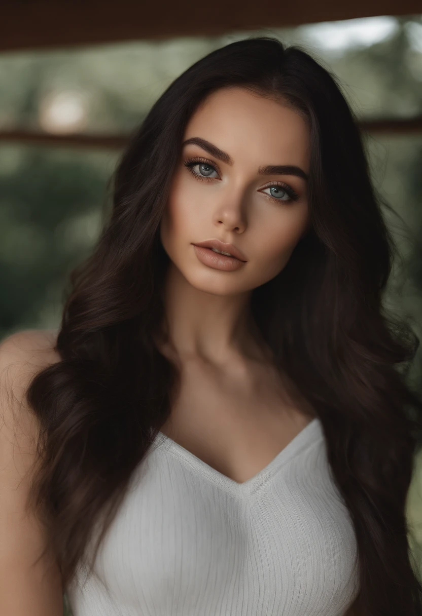 mulher arafada com roupas pretas sexy e atraentes, Garota sexy com olhos castanhos, Retrato Sophie Mudd, cabelo preto e olhos grandes, selfie de uma jovem, olhos do quarto, Violeta Myers, sem maquiagem, maquiagem natural, olhando diretamente para a câmera, cara com artgram, maquiagem sutil, Impressionante foto de corpo inteiro, em um telhado , decote, no Parque