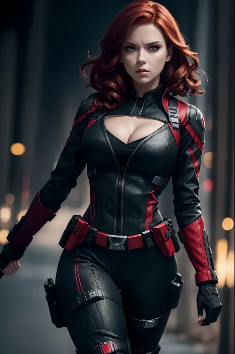 1girl, Full body, Natasha Romanoff style of the Black Widow (from marvel studios) costume, medium breasts, cleavage, dynamic pose, (masterpiece, best quality, detailed skin texture, detailed cloth texture, beautiful detailed face, intricate details, ultra ...