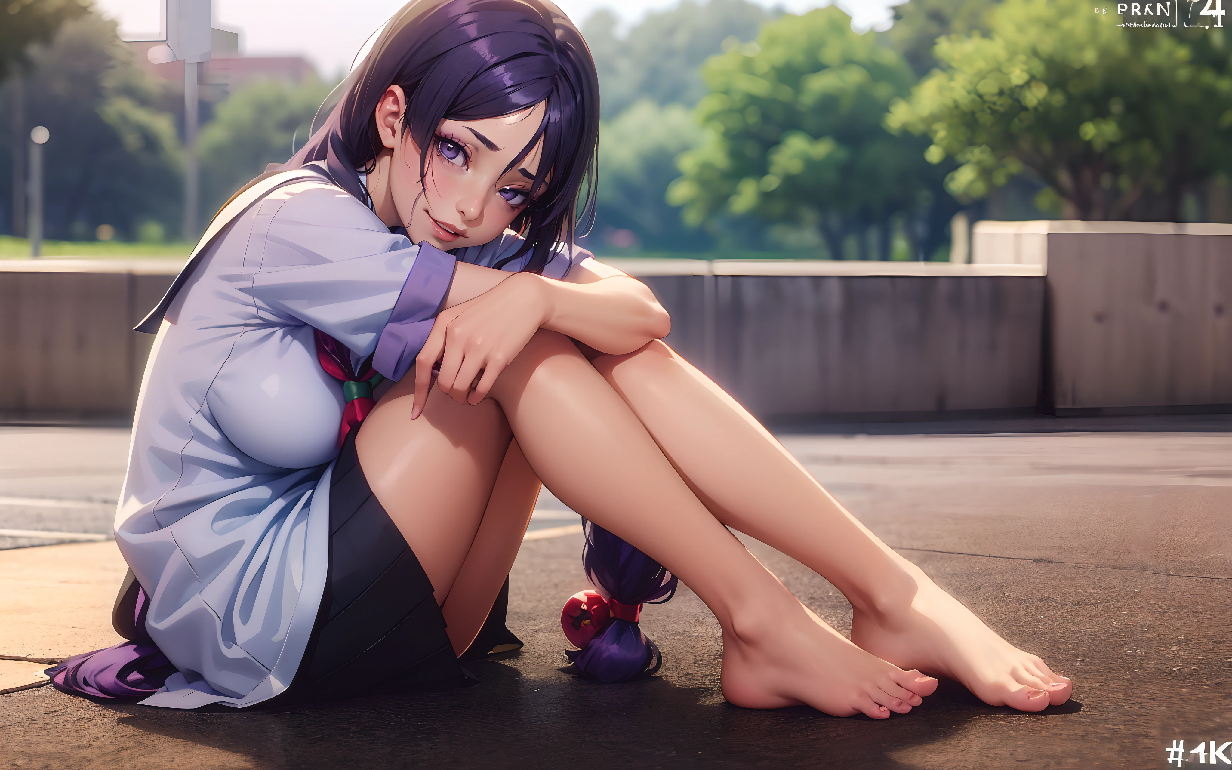 hmmr1, minamoto no raikou (fate), (dark-purple hair, long hair:1.7), purple eyes, 1girl, feet, barefoot, solo,  school_uniform, looking_at_viewer, blurry, sitting, toes, day, outdoors, depth_of_field, tree, skirt, blurry_background, serafuku, short_sleeves, stretch, leg_hug, legs, bare_legs, sailor_collar, knees_up, black_skirt, soles, glow effects, godrays, Hand drawn, render, 8k, octane render, cinema 4d, blender, dark, atmospheric 4k ultra detailed, cinematic, Sharp focus, big depth of field, Masterpiece, colors, 3d octane render, 4k, concept art, trending on artstation, hyperrealistic, Vivid colors, extremely detailed CG unity 8k wallpaper, trending on CGSociety, Intricate, High Detail, dramatic