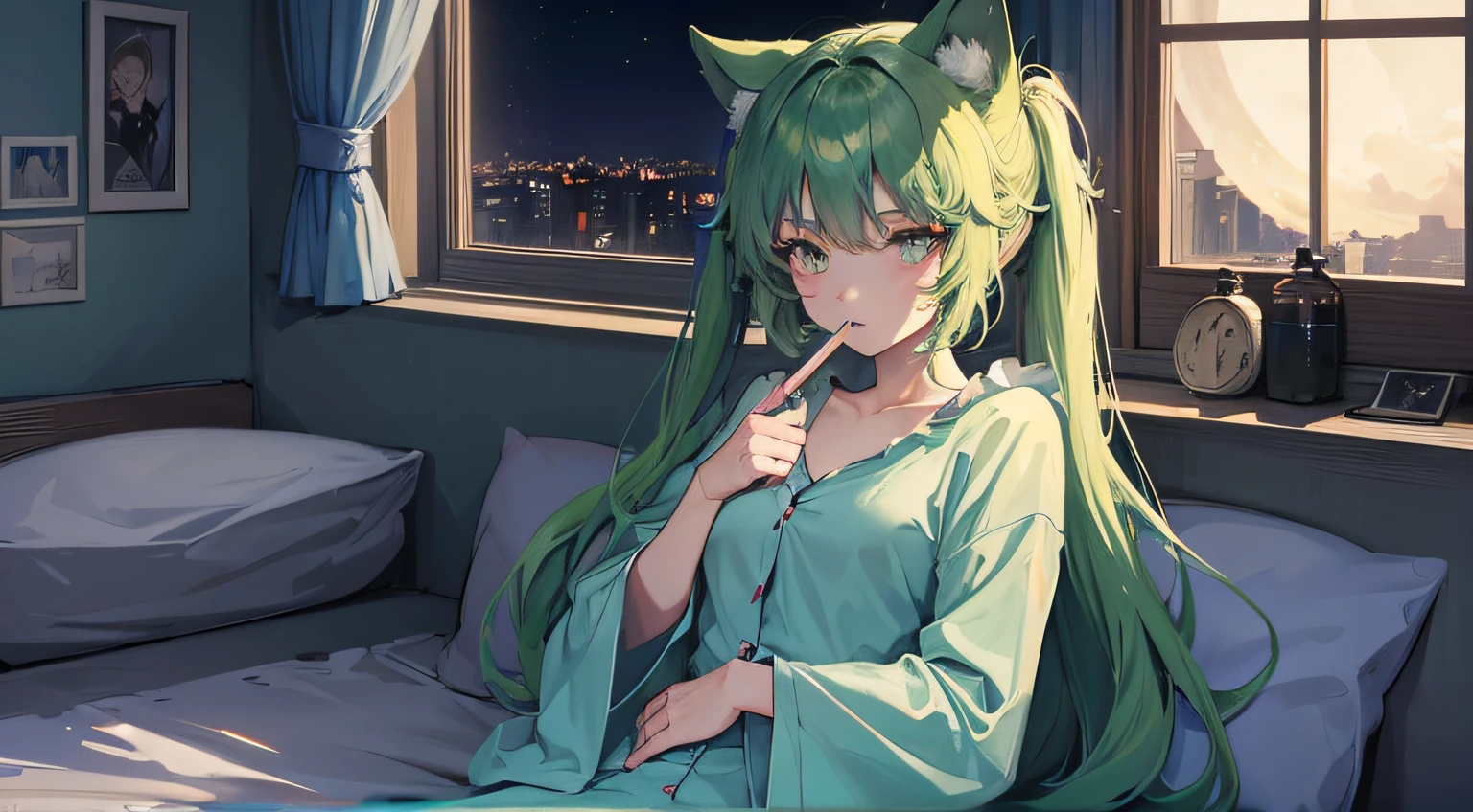 anime girl, green hair, using blue pijamas, cat's ears, sitted on the bedroom's window, beautiful wallpaper, night, white bedroom. Full of blood on her face and clothes and body and walls