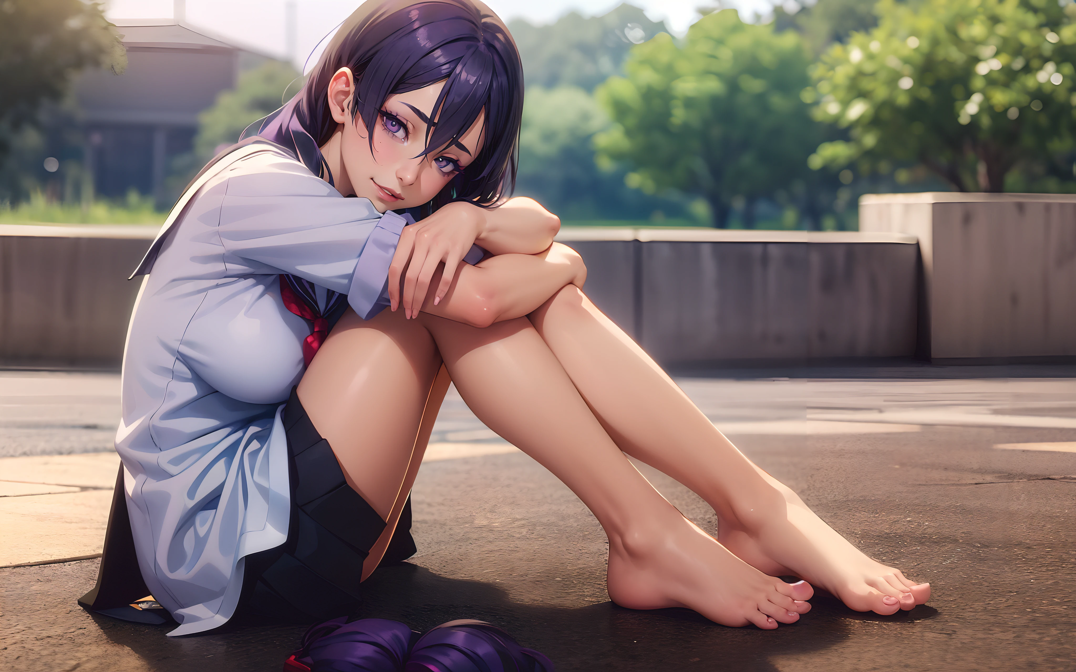 hmmr1, minamoto no raikou (fate), (dark-purple hair, long hair:1.7), purple eyes, 1girl, feet, barefoot, solo,  school_uniform, looking_at_viewer, blurry, sitting, toes, day, outdoors, depth_of_field, tree, skirt, blurry_background, serafuku, short_sleeves, stretch, leg_hug, legs, bare_legs, sailor_collar, knees_up, black_skirt, soles, glow effects, godrays, Hand drawn, render, 8k, octane render, cinema 4d, blender, dark, atmospheric 4k ultra detailed, cinematic, Sharp focus, big depth of field, Masterpiece, colors, 3d octane render, 4k, concept art, trending on artstation, hyperrealistic, Vivid colors, extremely detailed CG unity 8k wallpaper, trending on CGSociety, Intricate, High Detail, dramatic