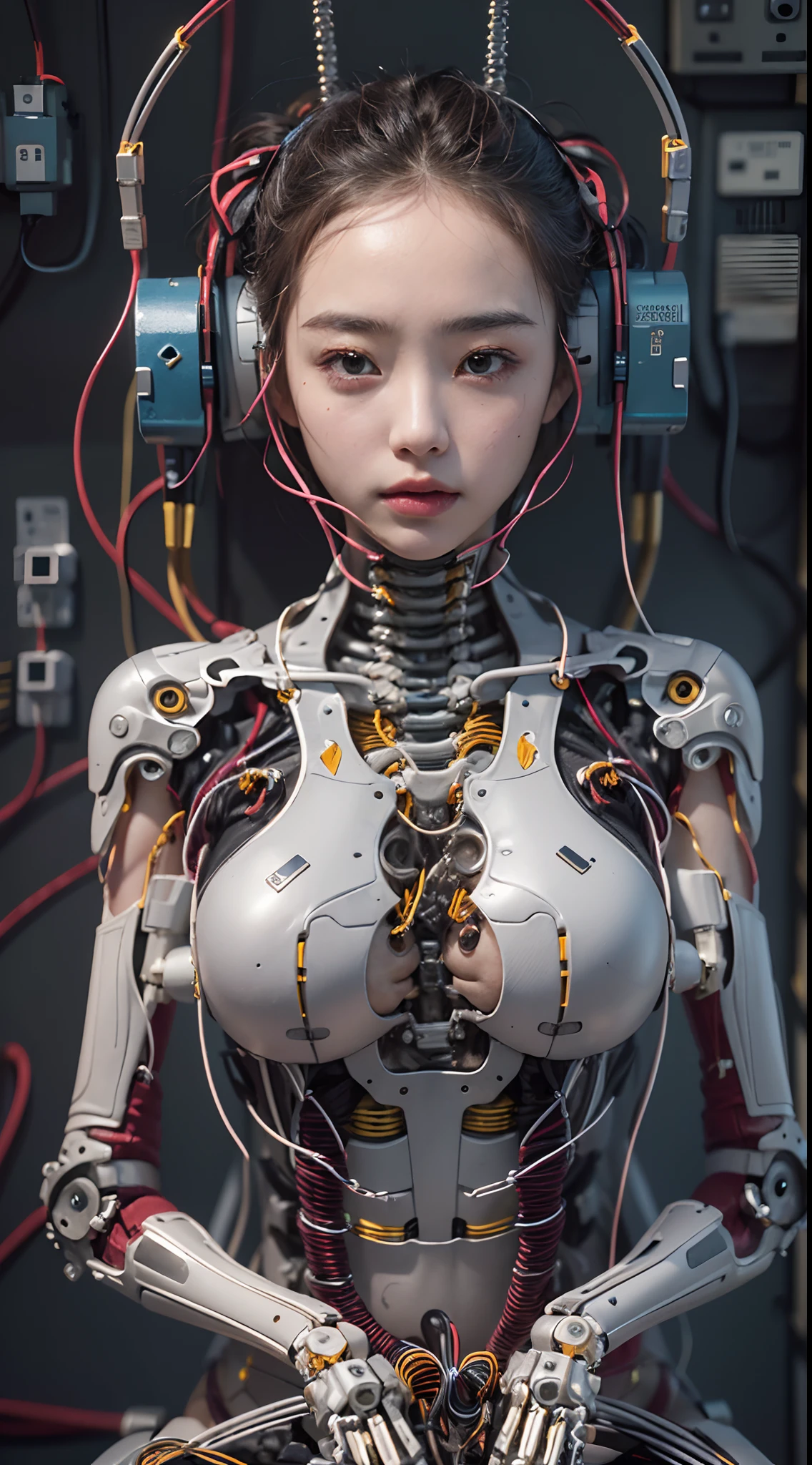 (((Masterpiece))), (((Best quality))), ((Ultra-detailed)), (Highly detailed CG illustration), ((An extremely delicate and beautiful)),(cute delicate face),Cinematic light,((1机械女孩)),Solo,full bodyesbian,(machine made joints:1.4),((Mechanical limb)),(blood vessels attached to the tube),((Mechanical vertebrae attached to the back)),((mechanical cervial attaching to neck)),((Sitting)),Expressionless,(wires and cables attached to head and body:1.5),(Character focus),Science fiction