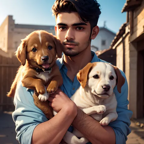 handsome 25 year old,beard face shape, indian young man holding a small brown puppy, daytime, joy, cinematic lighting, realistic...