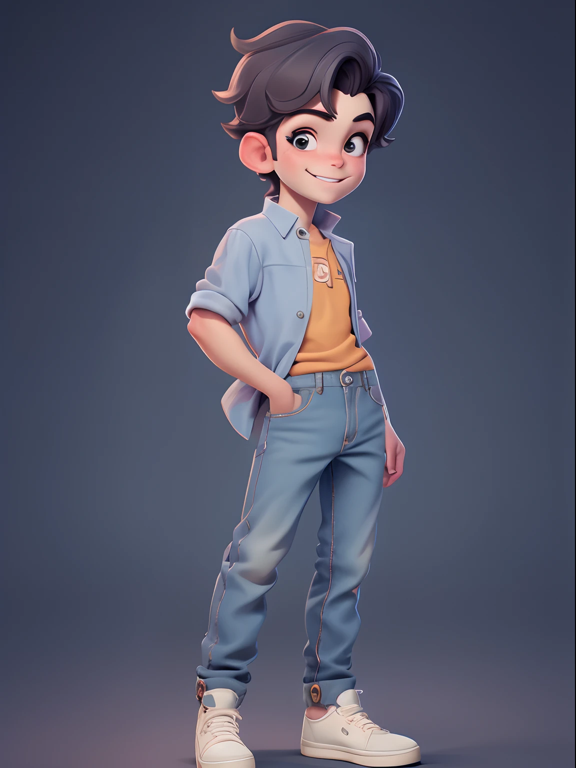 masterpiece, best quality, a (((boy))) smiling stand up, jeans, polo shirt, young, a youthful boy, full body