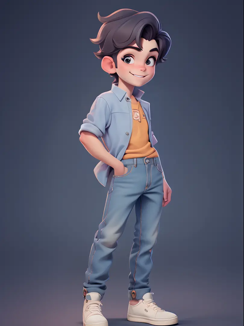masterpiece, best quality, a (((boy))) smiling stand up, jeans, polo shirt, young, a youthful boy, full body