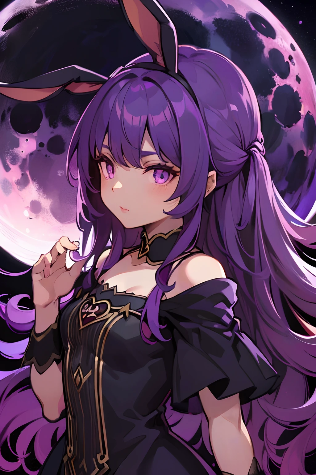 (best quality,highres,dark and atmospheric),witch girl,beautiful detailed eyes,purple highlight curly hair,nose piercing:1.1, dark skin,long bunny ears,mysterious scenery,moon background:1.1,jojo pose