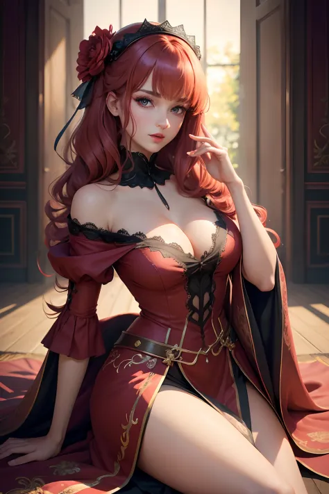 (Masterpiece),(Best quality:1.0), (ultra highres:1.0), detailed illustration, 8k, Anime, 1fille, beautiful anime girl, portant une robe rouge, Couronne de fleurs, joli visage, Detailed face, beaux yeux, detailled eyes, Dark red eyes, bright red lips, red l...