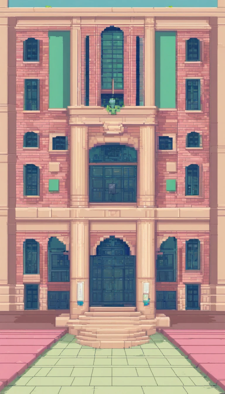 A cartoon style building with a clock tower and a green door - SeaArt AI