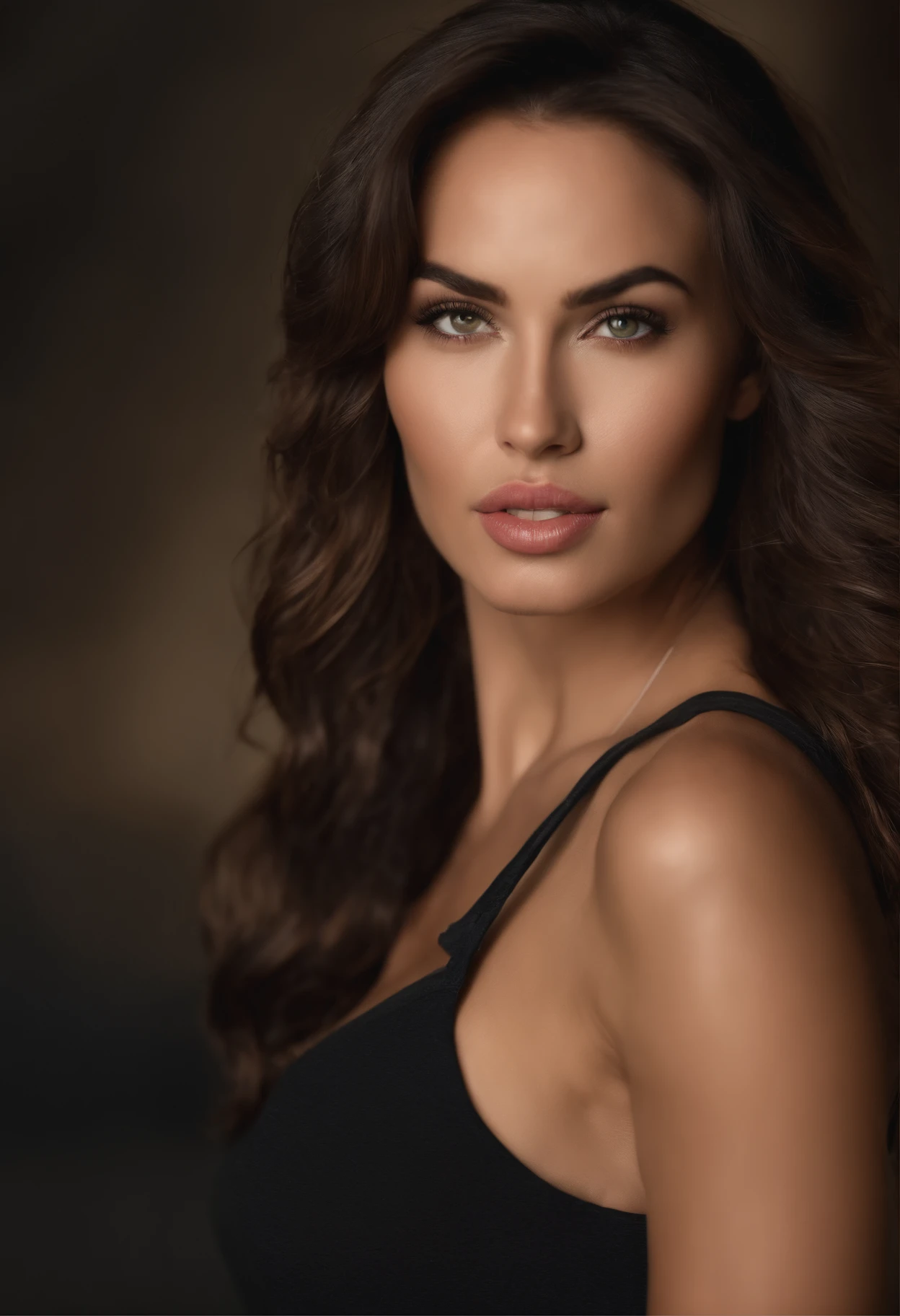 professionnel, (Photo 4K:1.1)  (mise au point nette:1.3), High detail, Porter (Chemise moulante:1.2), beautifull detailed face, hispanique, An attractive woman with long brown hair looks at the camera, resembling actress Megan Fox, Panasonic Lumix S Pro 50mm F/1.4, , photo realist, (attractive young woman:1.3), (Seductive:1.1), (rougissant:1.1), Forme du corps du sablier, Gros seins ronds, T-top