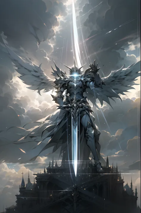 (4K, Cinematic Light Effects,) Sky, Mighty Angel (suspended in the air, three pairs of huge wings: 1.3), Armor, Great Sword, Battle Stance, Cloudy Sky, Sunlight Shining Through the Gap in the Clouds, Fog,