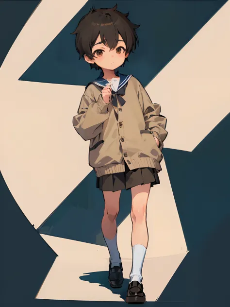 (((7-year-old boy))), ((child)), (((shota))), very short hair, pleated skirt, thigh focus,  A small cute boy,  Skinny, sailor un...