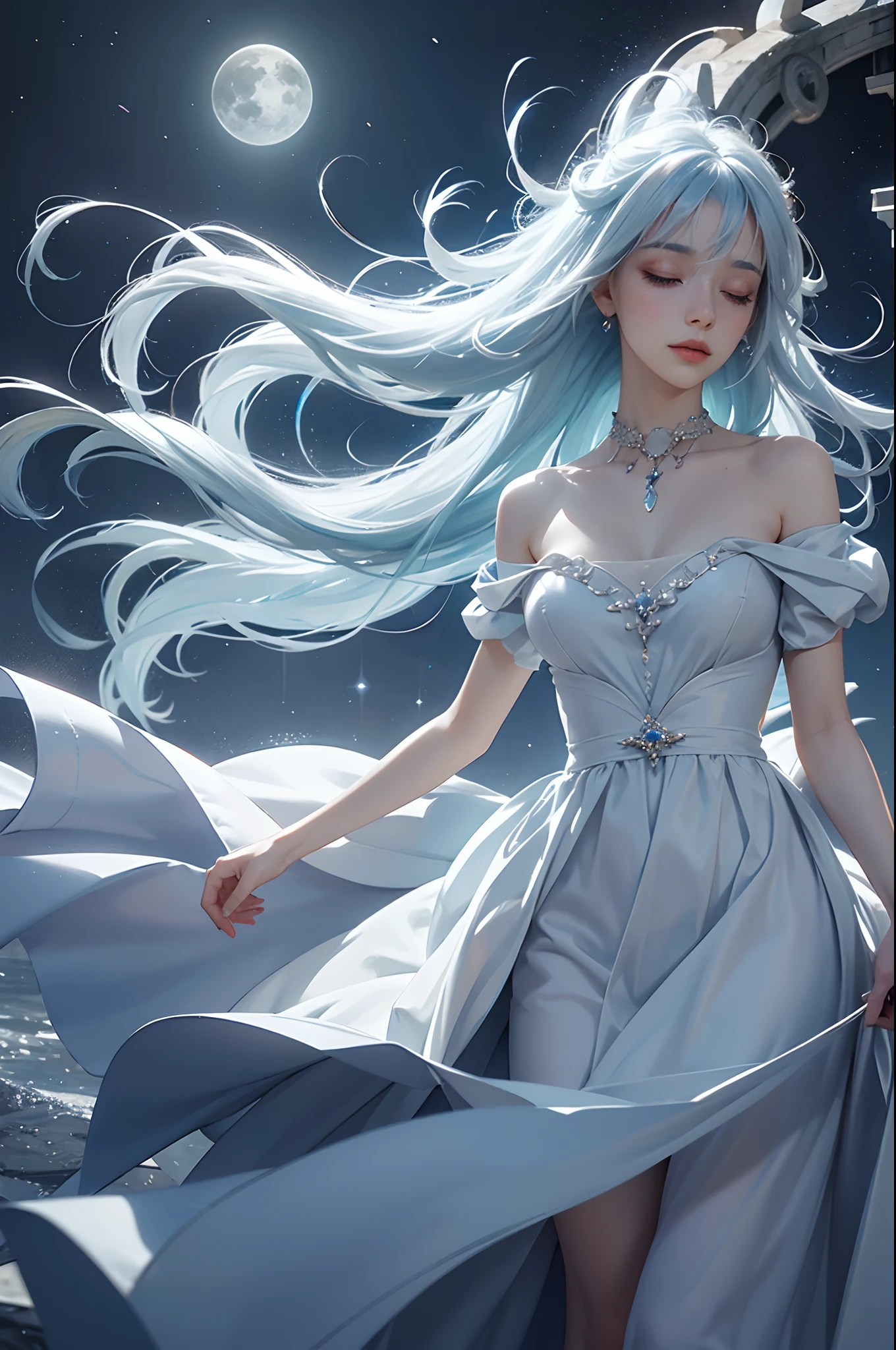 diva, fantasmagórico, Surreal, Cabelo branco-azulado, paisagem de sonho, orquestrando, sinfonia do sono, vestido do crepúsculo, flutuando entre sonhos, Noite profunda, canção de ninar do subconsciente, cena de orquestração de sonho,pescoço,Unidade