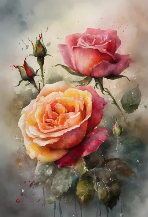 radiant rose，rainbow colored petals,Radiate the rays of the sun and  moon，Crystal material，Optical，clean，reflective，refraction，Ray tracing， watercolor风格，watercolor，Smudge，Super detailed，Surreal，Super real  photos，best quality - SeaArt AI