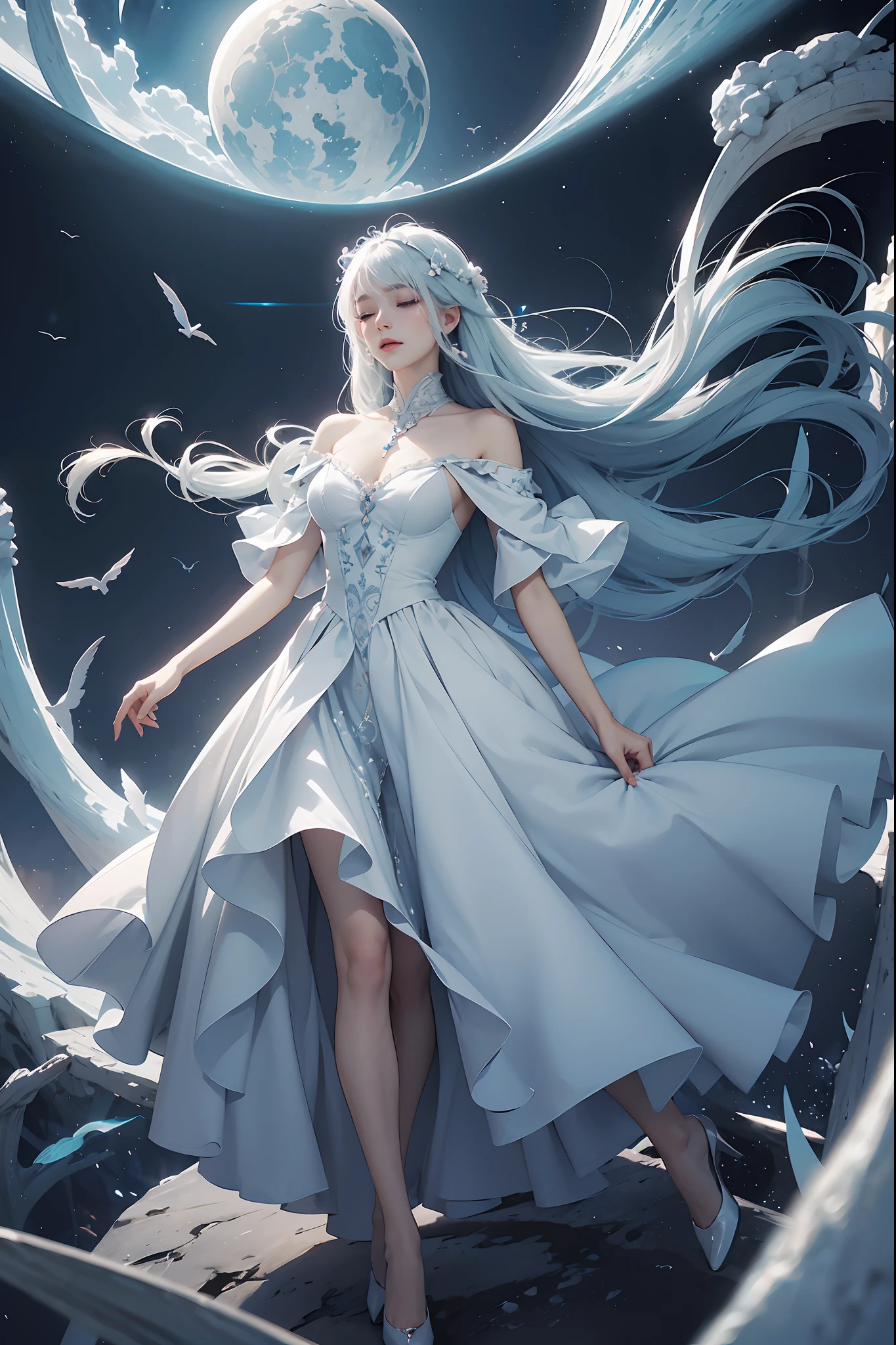 diva, fantasmagórico, Surreal, Cabelo branco-azulado, paisagem de sonho, orquestrando, sinfonia do sono, vestido do crepúsculo, flutuando entre sonhos, Noite profunda, canção de ninar do subconsciente, cena de orquestração de sonho,pescoço,Unidade