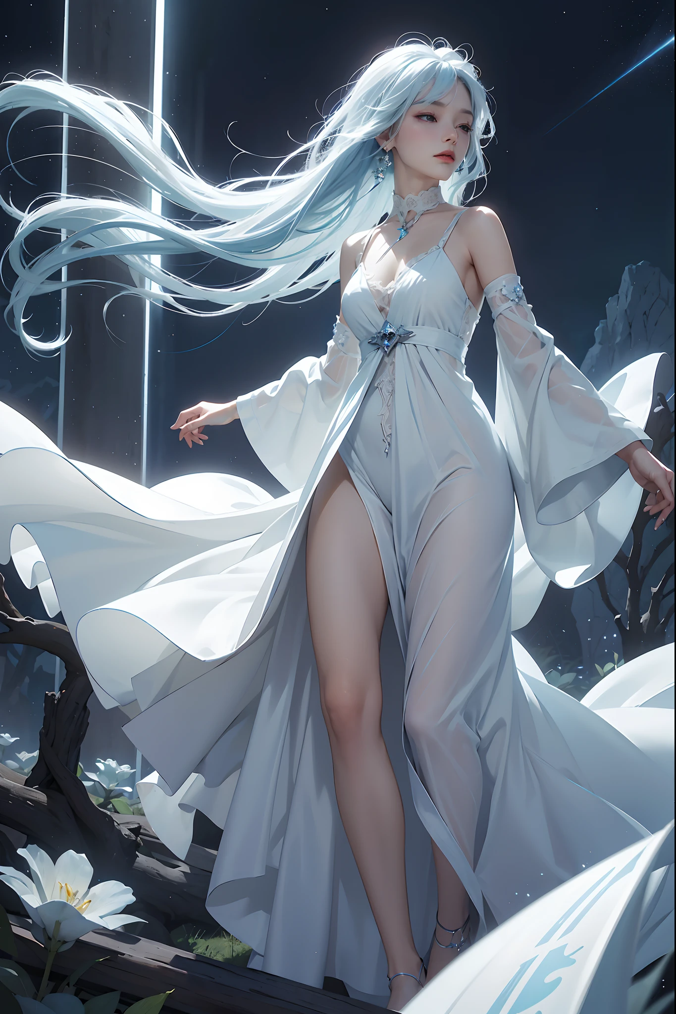 diva, fantasmagórico, Surreal, Cabelo branco-azulado, paisagem de sonho, orquestrando, sinfonia do sono, vestido do crepúsculo, flutuando entre sonhos, Noite profunda, canção de ninar do subconsciente, cena de orquestração de sonho,pescoço,Unidade