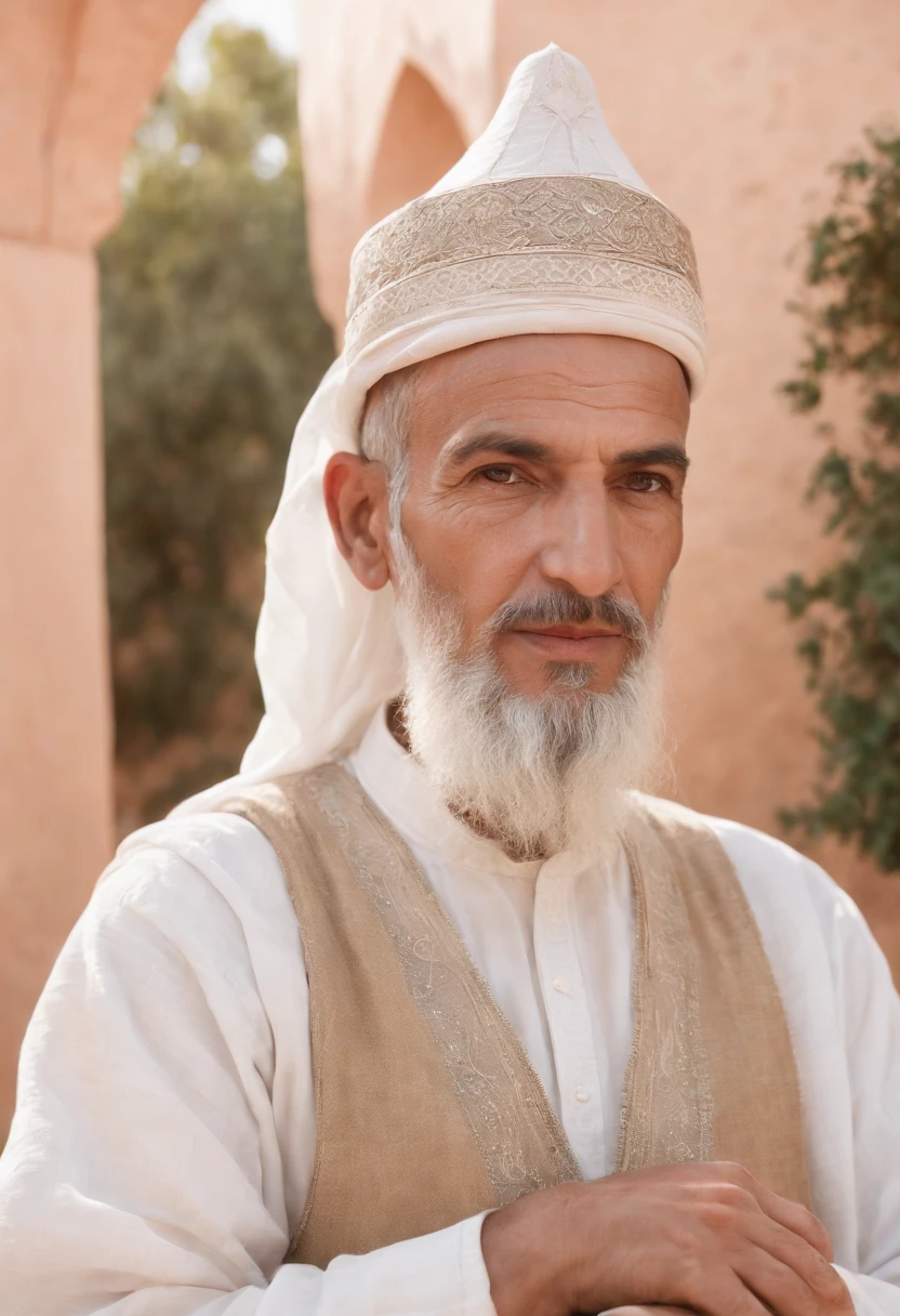 old man, Protector leader, With a long white beard and white skin,White dress, Wear full Moroccan uniform, Strong Body,Looking at the screen. highs quality, A 4K resolution, A highly detailed, and realistic pictures, Capture every intricate detail. The artwork resembles a traditional oil painting, With bright colors and a palette that reflects the warm colors of the Moroccan Sahara. The lighting is soft but illuminates the man's face, Display the deep lines and wisdom engraved on his features. surrounding him, Intricate patterns and motifs highlight Morocco's rich culture. The scene is set in a beautiful Moroccan garden, Filled with lush foliage, Blooming flowers, Water fountains workshops. The garden creates a calm and calm atmosphere, The old man wraps around in a tranquil oasis.