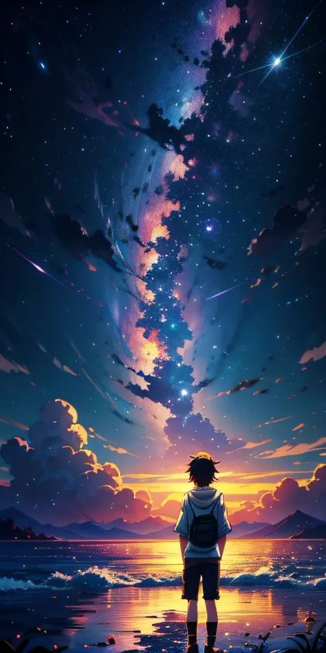 Anime wallpapers of a boy looking at a view of the sky and stars, cosmic skies. por makoto shinkai, Anime Art Wallpaper 4K, Anime Art Wallpaper 4K, Anime Art Wallpaper 8K, anime sky, paper awesome wallpaper, Anime Wallpaper 4k, 4k anime wallpapers, Papel d...