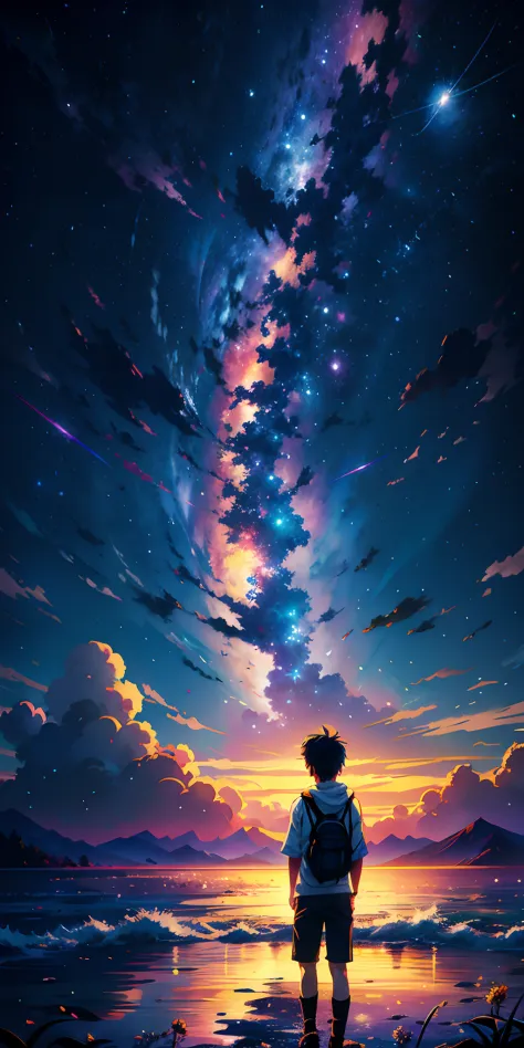 Anime wallpapers of a boy looking at a view of the sky and stars, cosmic skies. Por Makoto Shinkai, Anime Art Wallpaper 4K, Anim...