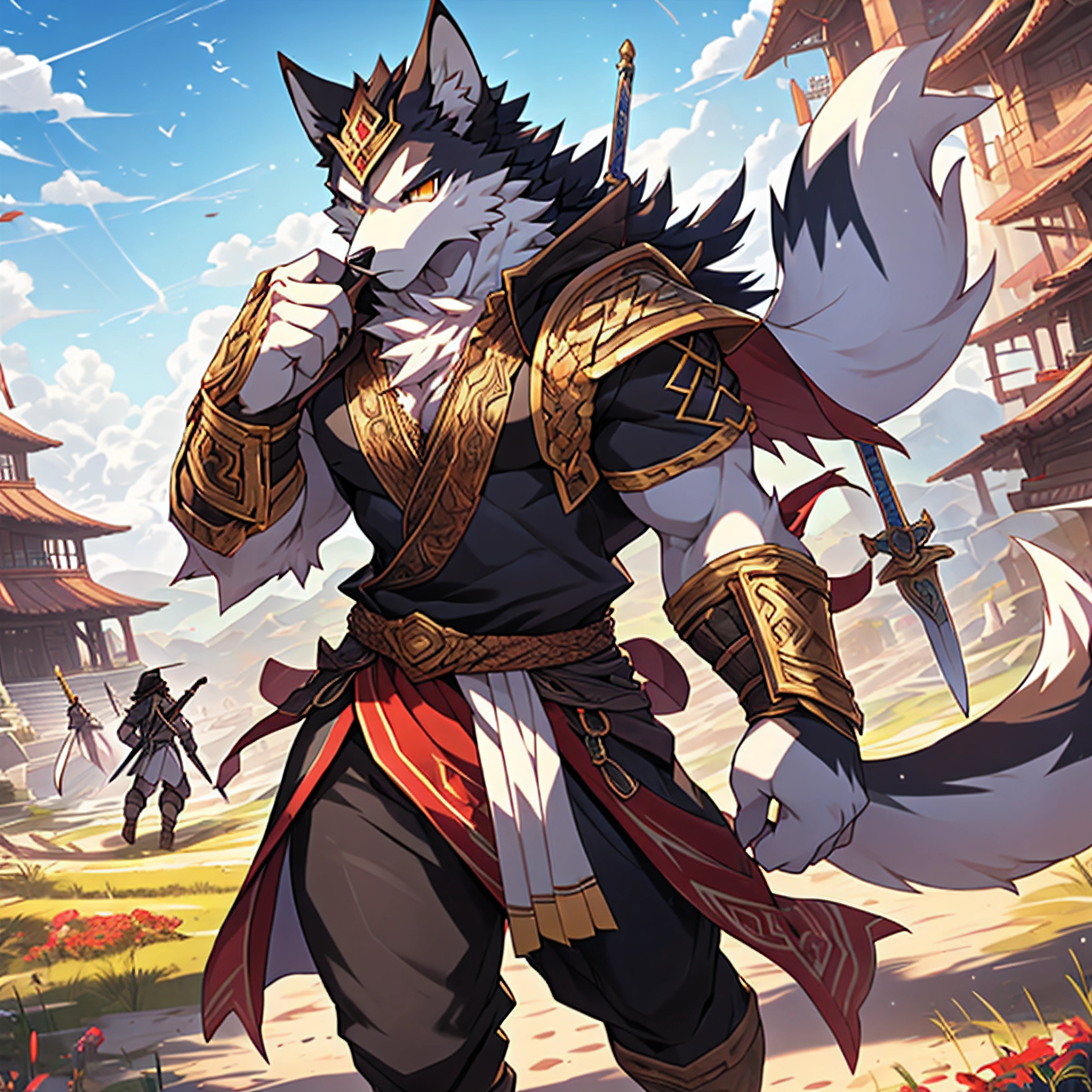 Master masterpieces，Western art，photorealestic，Furry art！！！，male people，musculature，Perfect figure，Higher height，Anthropomorphic fox，Fluffy hair，White fur，White face，Elaborate Eyes，gold eyes，white  clothes，decorated in white，long sword，depth of fields，Perfect body，light particules，best qualtiy，tmasterpiece，Hyper-detailing，Sharp focus，light particules，battleground background，A high resolution，fluffy body，serious，energy，Visual energy，Slash and kill enemies，Consistent with the structure of the human body，Handsome，divino