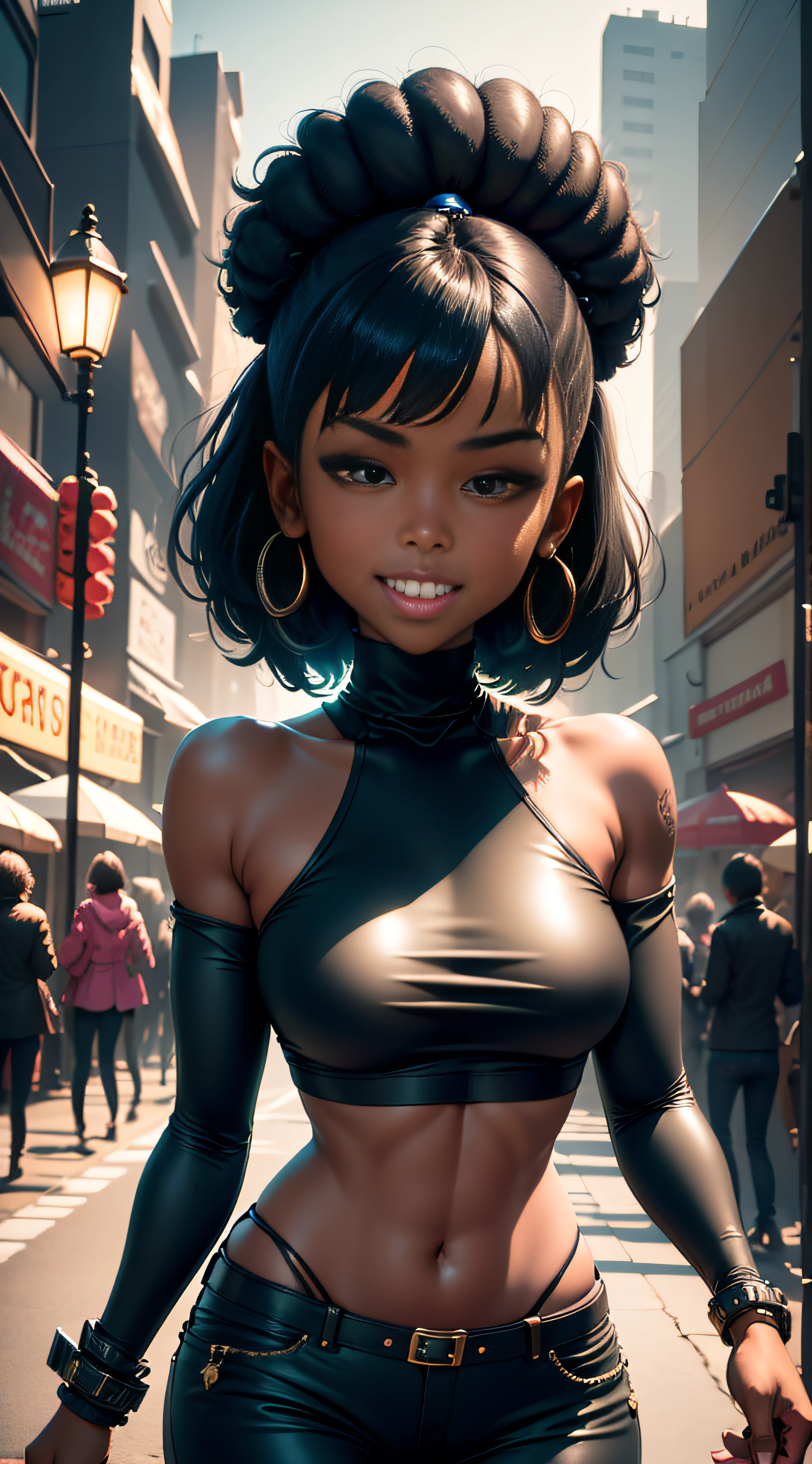 masterpiece, best quality, a dark skinned black woman wearing a detailed green turtle neck sweater with a intricate black cruiser jacket with blue jeans at a street  at night, asymmetrical afro haircut, jacket off one shoulders, midriff, smile, teeth, insane ultra hires, extreme intricate details, tooth gap, round ass HDR, natural lighting, volumetric shading, dynamic pose, Hyperrealistic, realistic lighting, dramatic shadows, hard focus, high contrast, dramatic perspective dramatic shadows