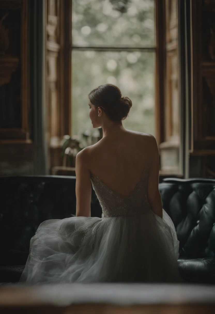 A woman in a wedding dress sitting on a couch looking out a window - SeaArt  AI