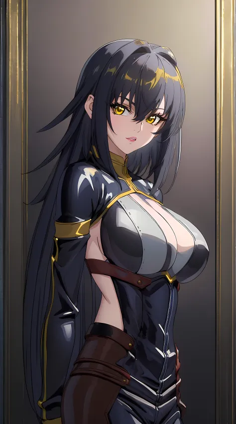 (masterpiece:1.4),(best quality:1.4, highres), beautiful face, beautiful eyes, 1girl, solo, female mature, black hair, long hair, (yellow eyes:1.4), large breasts, black latex suit, ((night vibe background)), hair intakes, exquisite eyes detail, exquisite ...