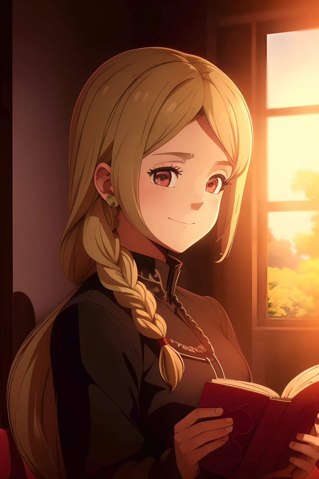 girl with blonde hair with a long braid in her hair, wearing a black blouse with small red hearts printed on the black blouse, she is reading a book, happy expression, inside the room, bright colors, sunny day, Japanese anime style