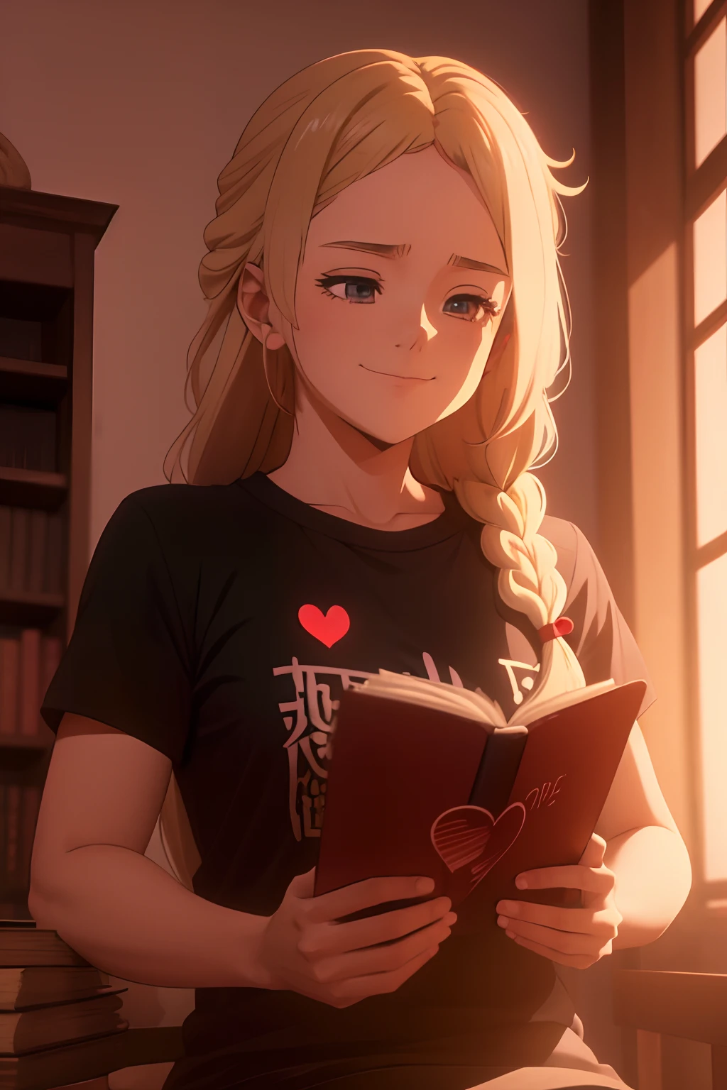girl with blonde hair with a long braid in her hair, wearing a black t-shirt with small red hearts printed on the black t-shirt, she is reading a book, happy expression, inside the room, bright colors, sunny day, Japanese anime style
