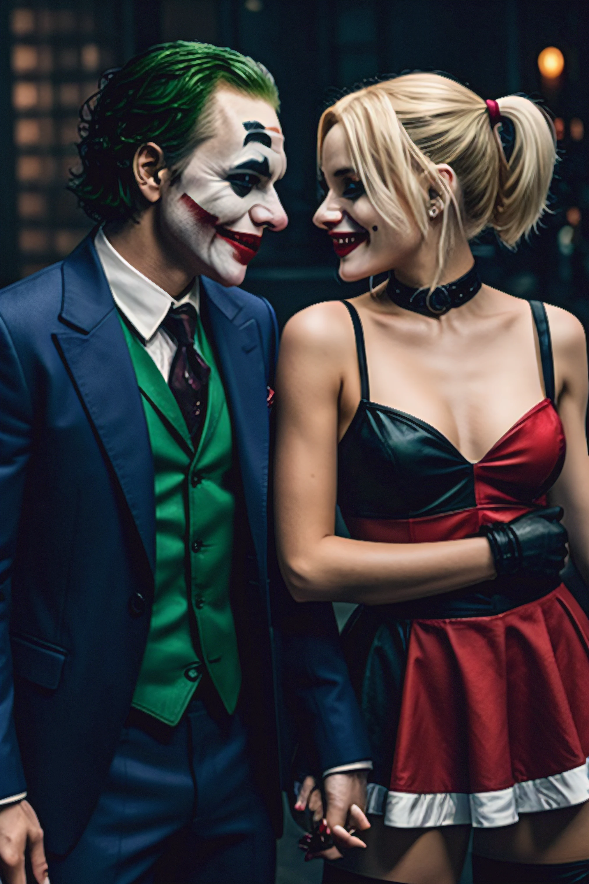 Batman and harley cosplays in a dark room - SeaArt AI