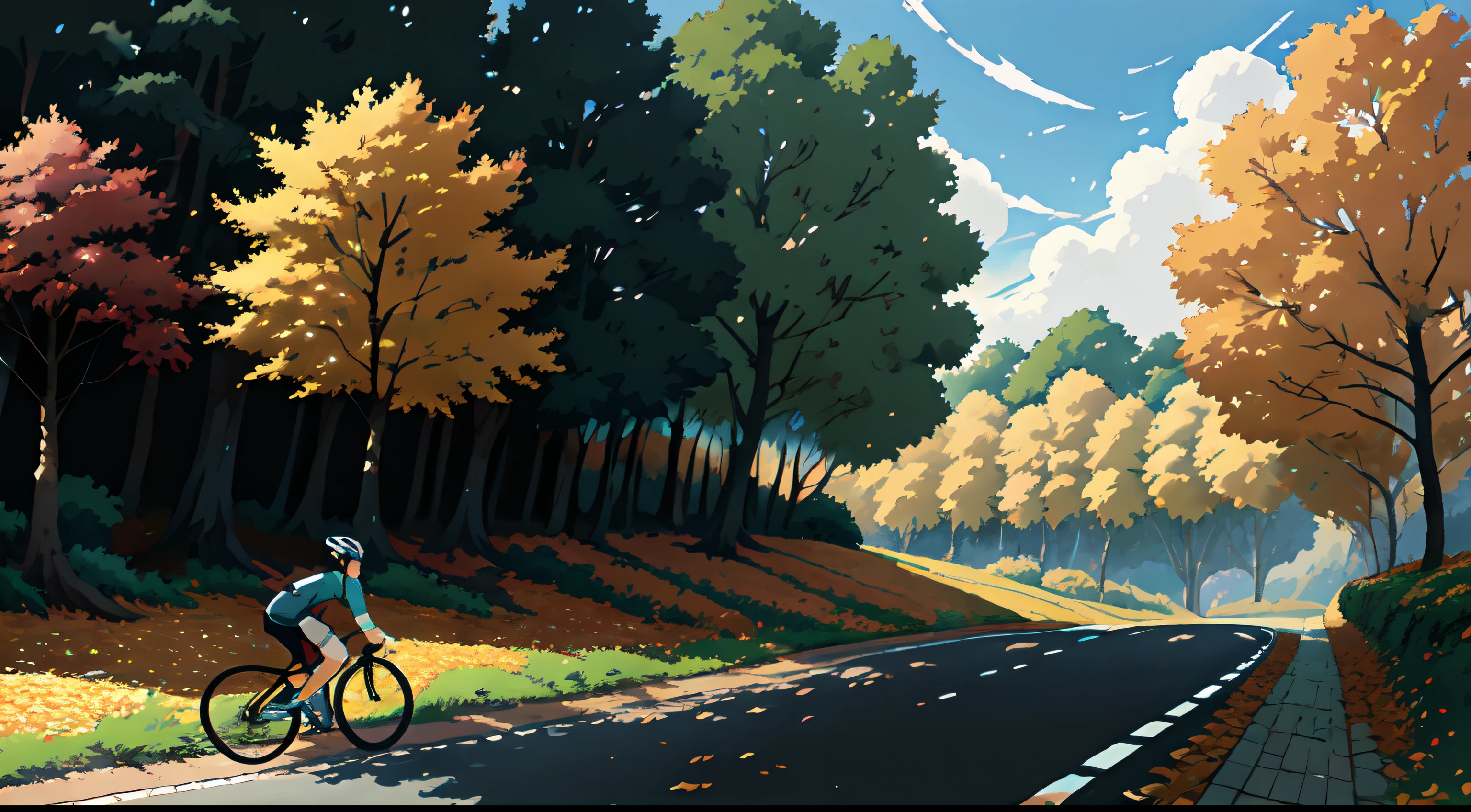 (cycliste seul: 1.5), (Realistic bike: 1.5), (realistic cyclist: 1.5), (automne: 1.5), Plan en gros plan, Le meilleur des meilleurs, orange leaves, nature, ambiance Landscaped background, ombres, contraste, Makoto Shinkai (beste-Qualit:1.3), (high resolucion:1) Art par Studio Ghibli Style, impressionnisme, couleurs vibrantes