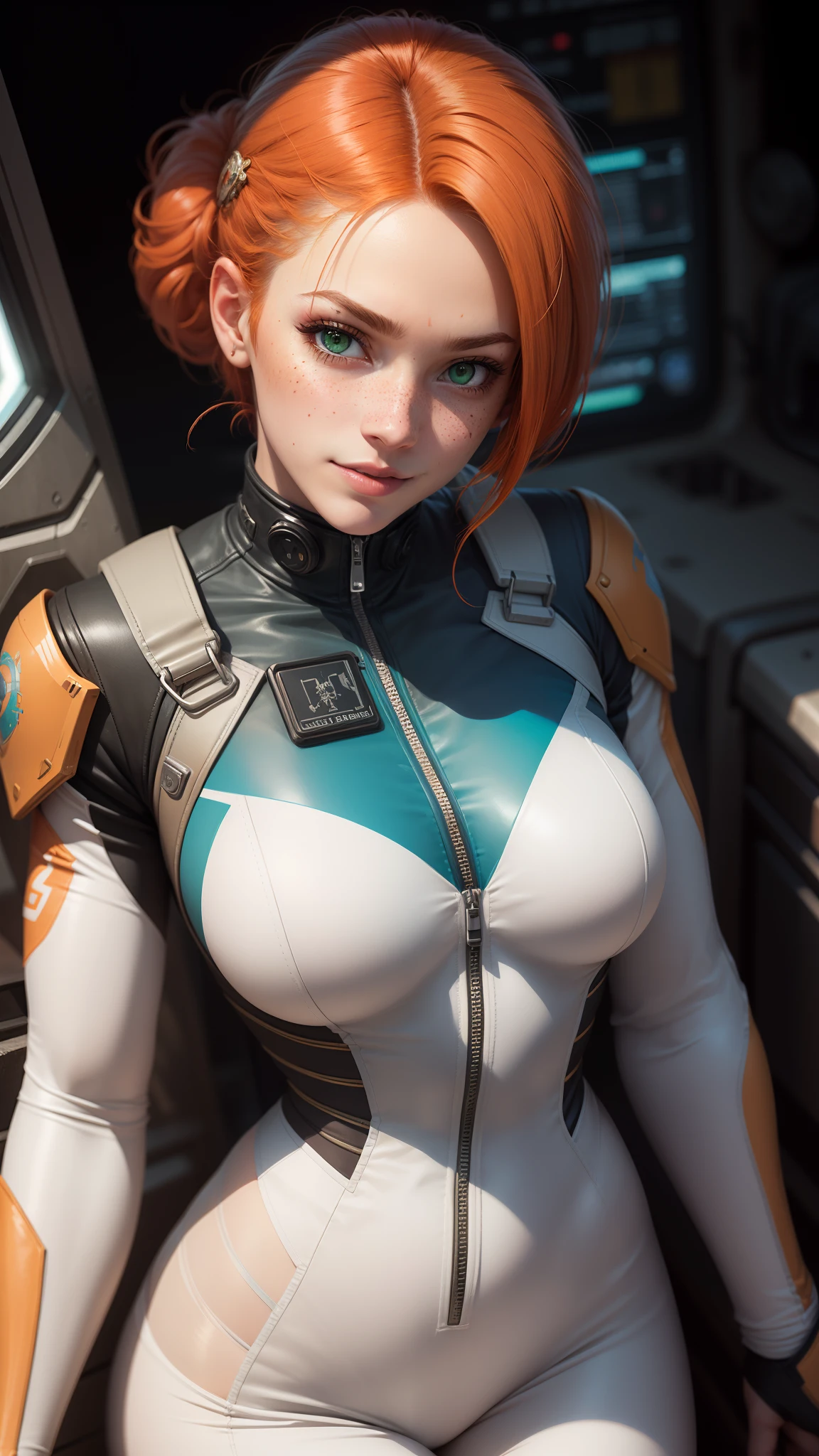 gwen tennyson,tracer,samus,rebecca chambers,overwatch,gundam,1girl,close up,mecha pilot,space port,aqua and orange plugsuit,pilot jacket,hair pin,pirate corset,white long sleeve lycra top,white leggings,short hair,war makeup,green eyes,orange hair,hair highlights,shy smile,freckles,redhead,beautiful girl,large breasts,ultra detailed,realistic,fantasy art,