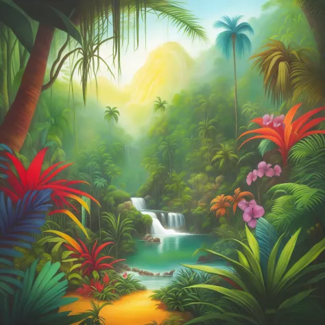 a painting of a tropical jungle with a waterfall and trees, beautiful jungle, mysterious jungle painting, fantasy jungle, colour...