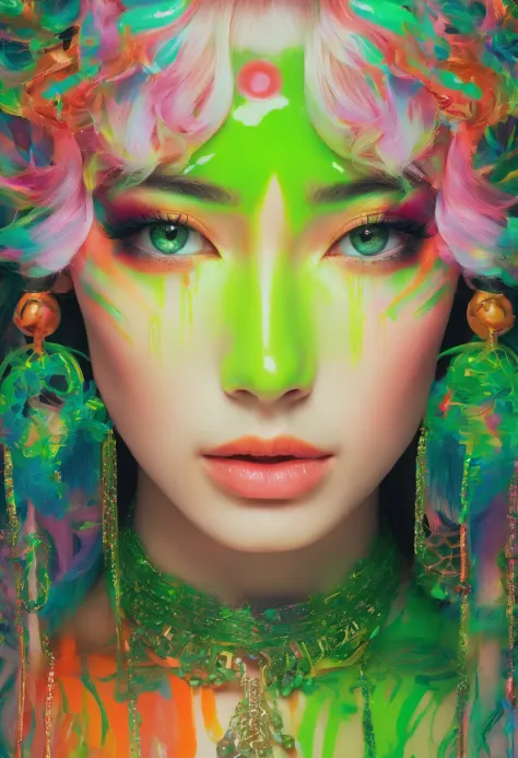 Close up photo portrait a woman with bright green paint, wearing chains, in the style of neon realism, colorful fantasy realism, dark orange and light green, colorful realism, comic art, artist ron alan elke ‘i am glowing girl , multilayered realism, uhd i...