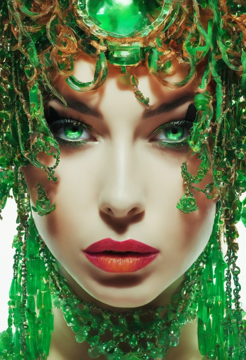 Close up photo portrait a woman with bright green paint, wearing chains, in the style of neon realism, colorful fantasy realism, dark orange and light green, colorful realism, comic art, artist ron alan elke ‘i am glowing girl , multilayered realism, uhd image , photography by David LaChapelle,