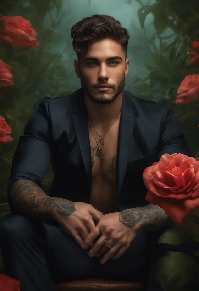 A man with tattoos sitting in a chair with a rose - SeaArt AI