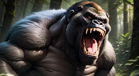 Big Silverback Gorilla In the Woods, Aggressive, Big Teeth, Menacing. Open Mouth.