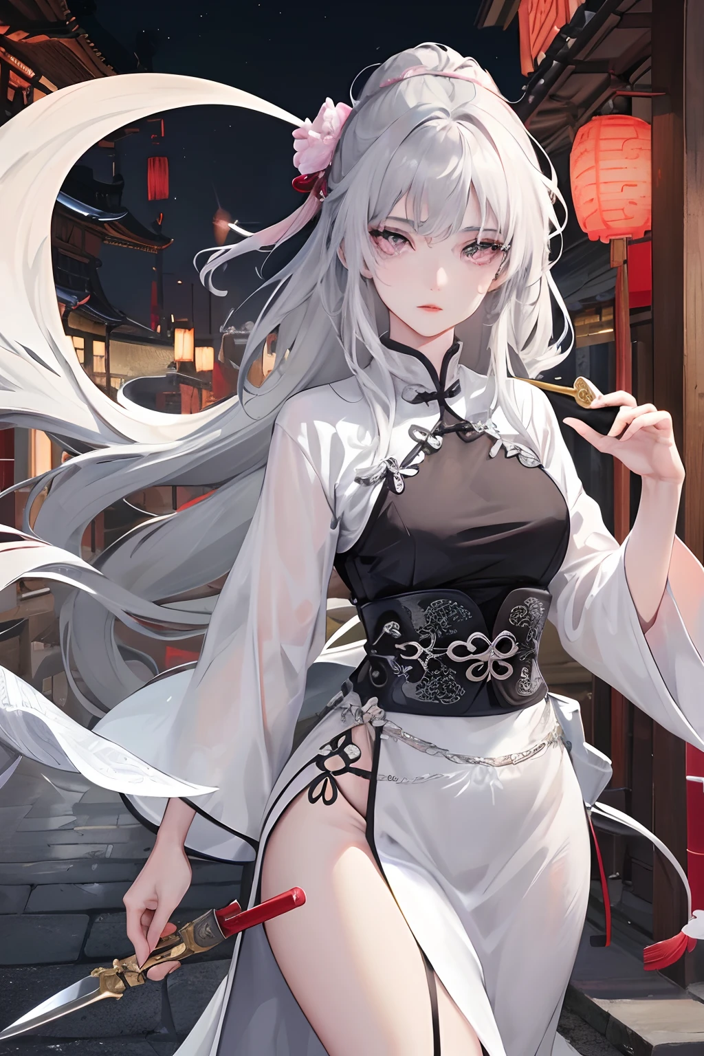 Anime girl with long white hair and a black top holding a sword - SeaArt AI